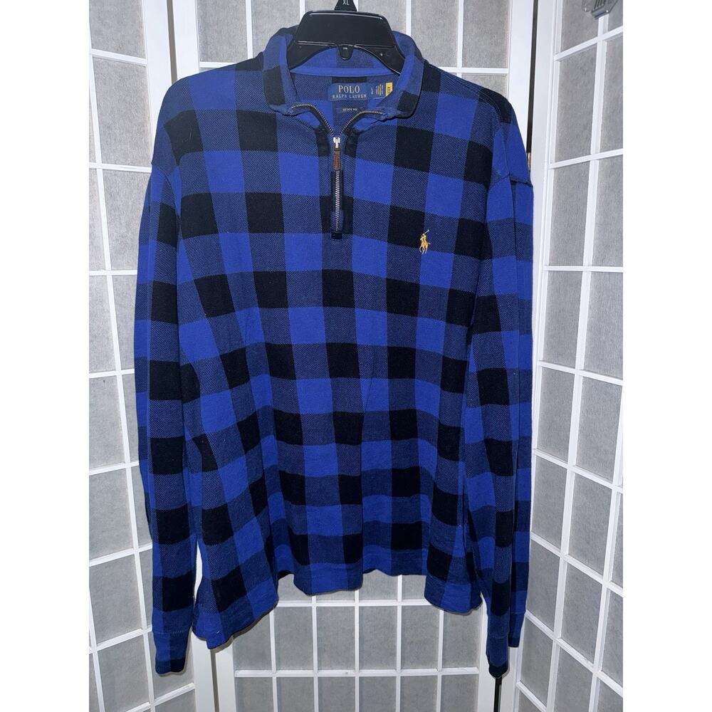 Polo Ralph Lauren Estate Rib 1/4 Zip Sweater Men's L Blue/Black Buffalo Plaid